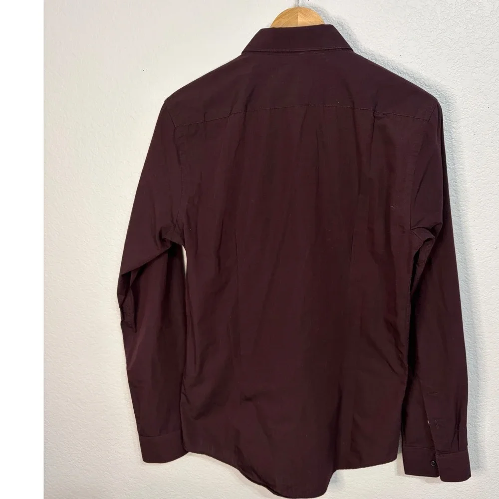 Zara Man Slim Fit Button Down Shirt Mens Medium Burgundy Maroon Long Sleeve - Picture 4 of 4